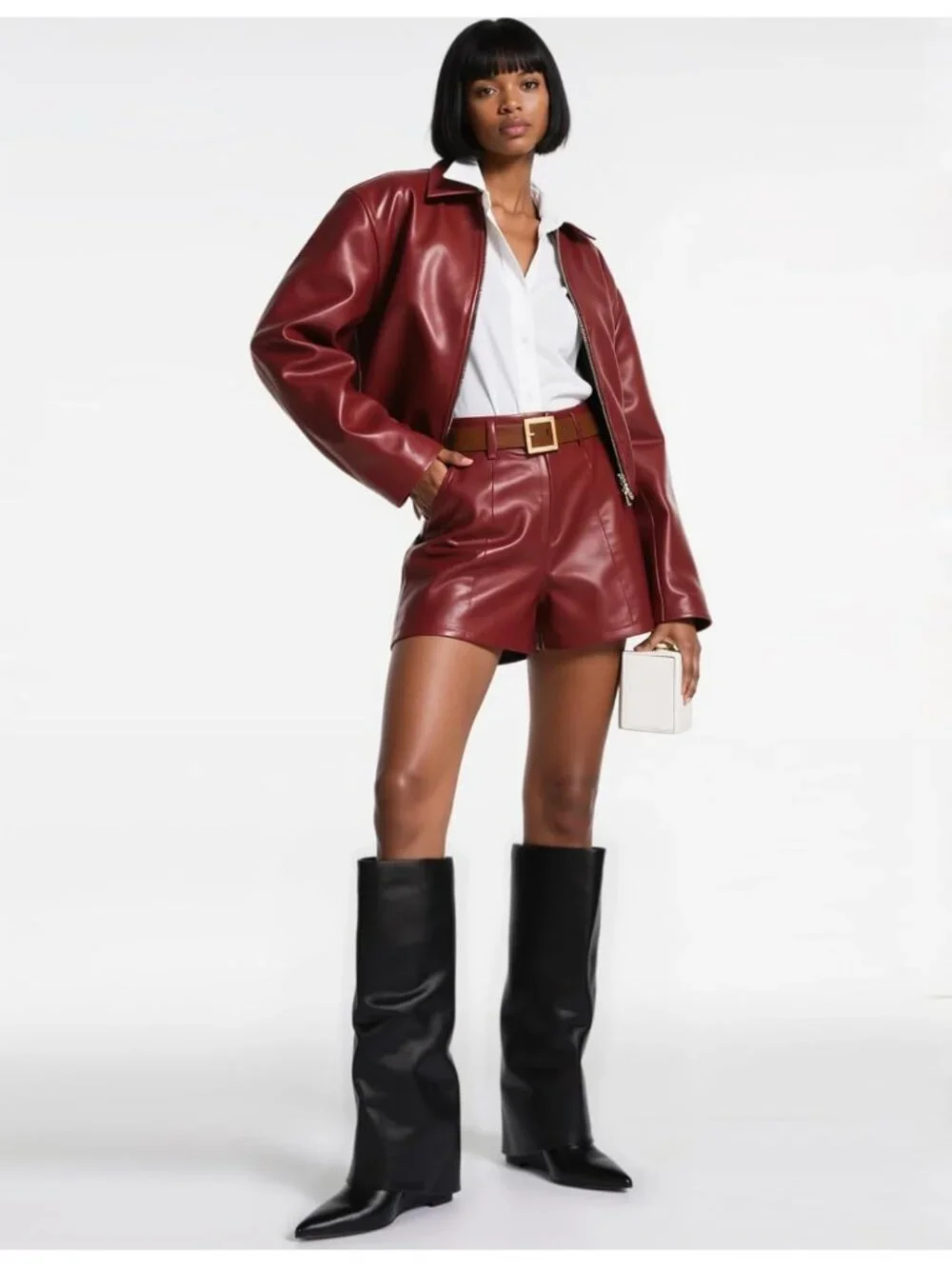 Women's Black Pu Wedge Heel Pointed Toe Faux Leather Over The Knee Boots